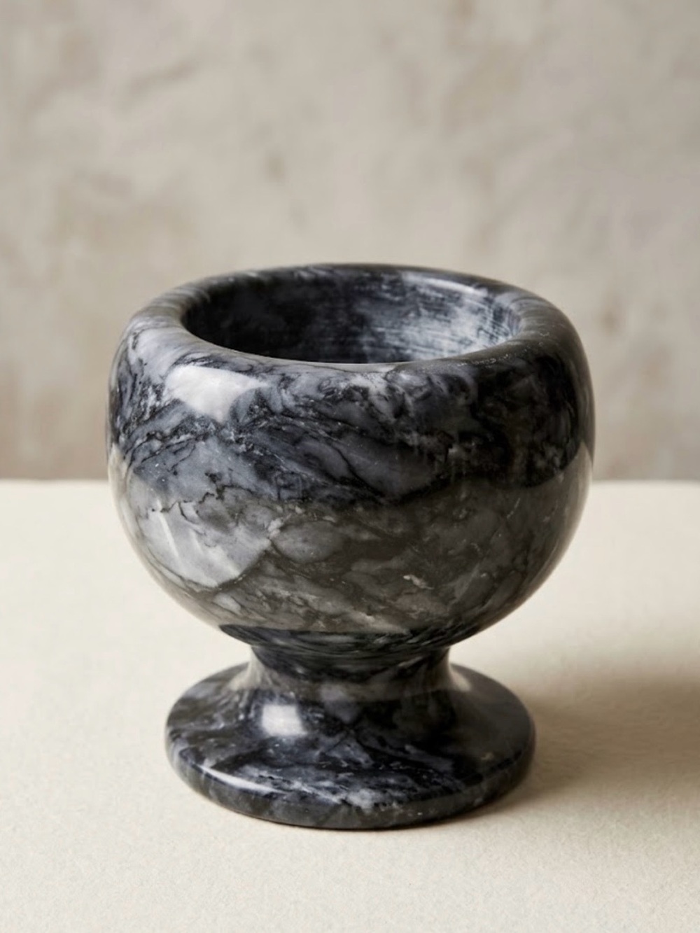 Black & Gray Natural Marble Mortar / Pedestal Bowl – 5.5" Tall